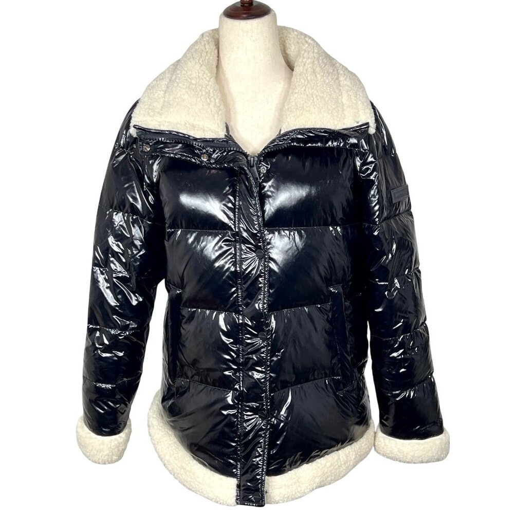 SANCTUARY Down Puffer Jacket with Faux Sherpa Trim High Shine Black Sz M NWOT